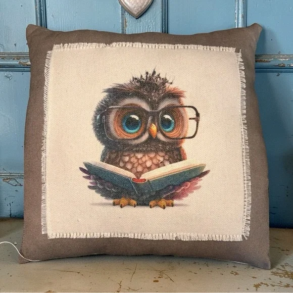 Set of 2 Throw Pillows Oscar & Ollie Owl W/ Glasses & Book 10in x 10in New - Picture 6 of 11